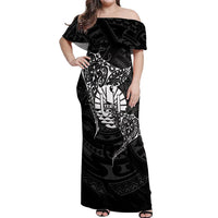 French Polynesia Manta Ray Tattoo Off Shoulder Maxi Dress Tahiti Hahalua Turtle Shark Black Color LT14 Women Black - Polynesian Pride
