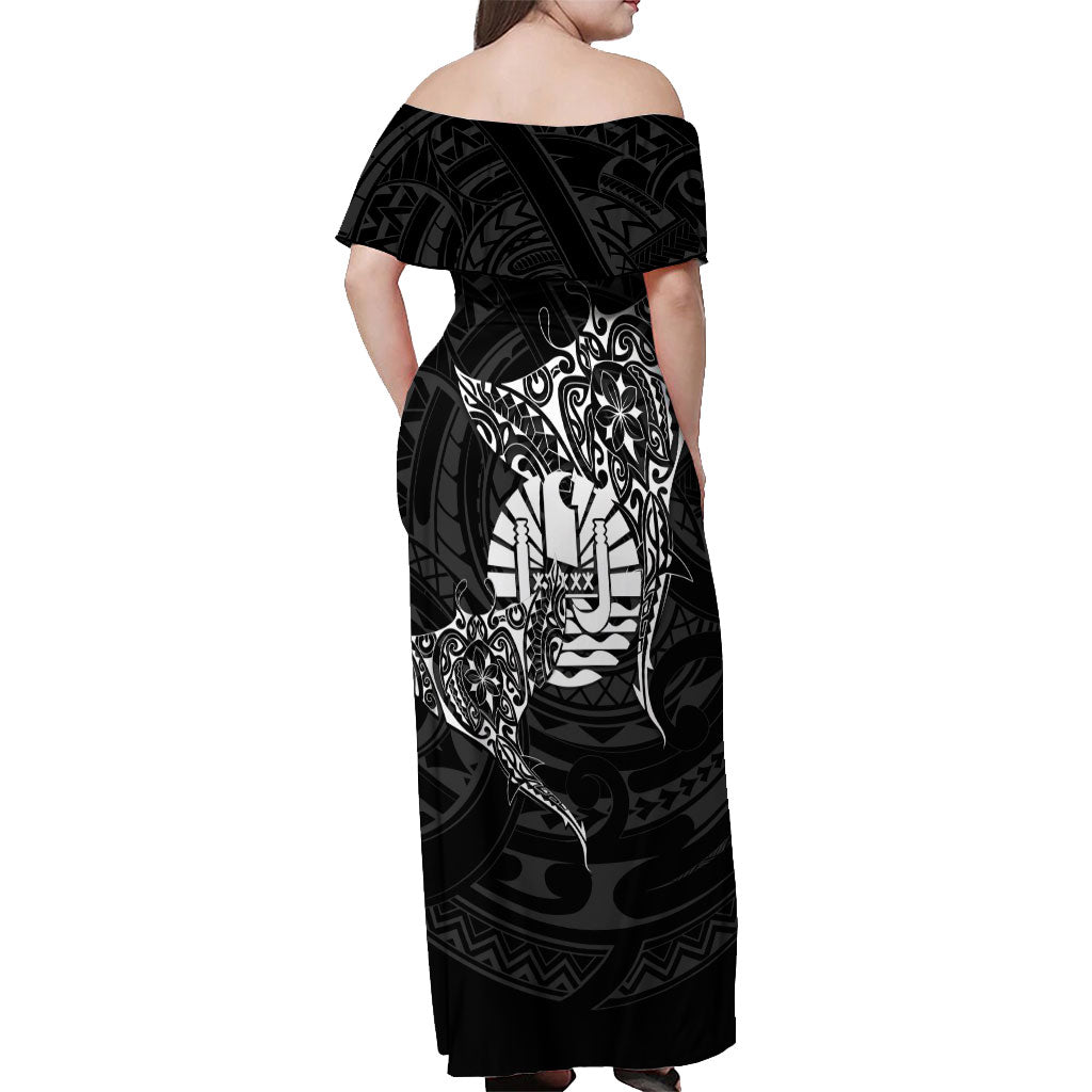 French Polynesia Manta Ray Tattoo Off Shoulder Maxi Dress Tahiti Hahalua Turtle Shark Black Color LT14 - Polynesian Pride