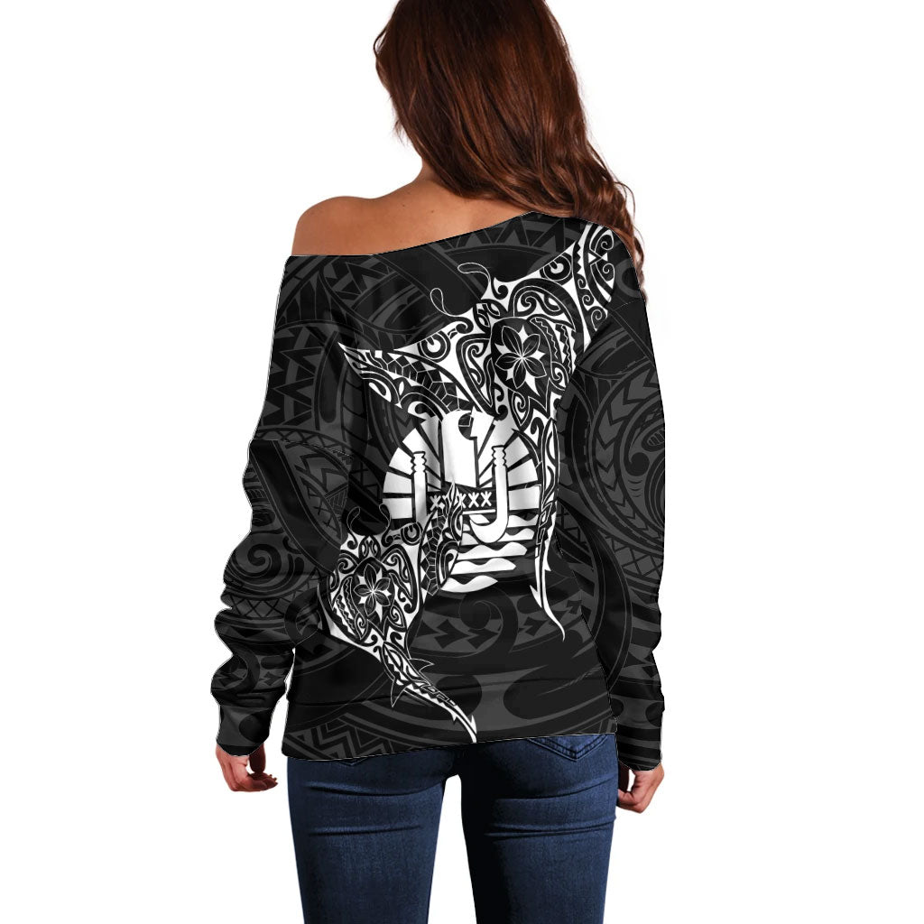 French Polynesia Manta Ray Tattoo Off Shoulder Sweater Tahiti Hahalua Turtle Shark Black Color