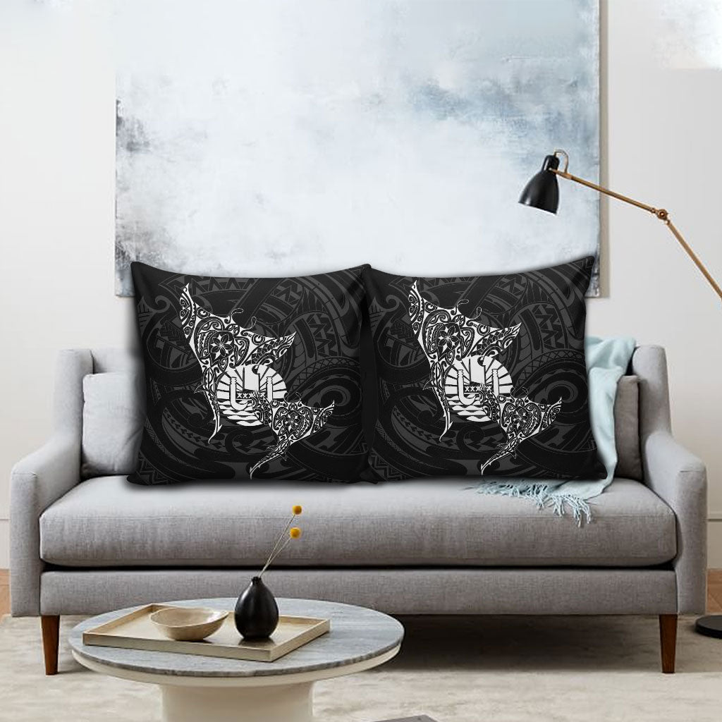 French Polynesia Manta Ray Tattoo Pillow Cover Tahiti Hahalua Turtle Shark Black Color