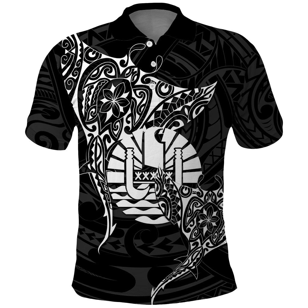 French Polynesia Manta Ray Tattoo Polo Shirt Tahiti Hahalua Turtle Shark Black Color LT14 Black - Polynesian Pride