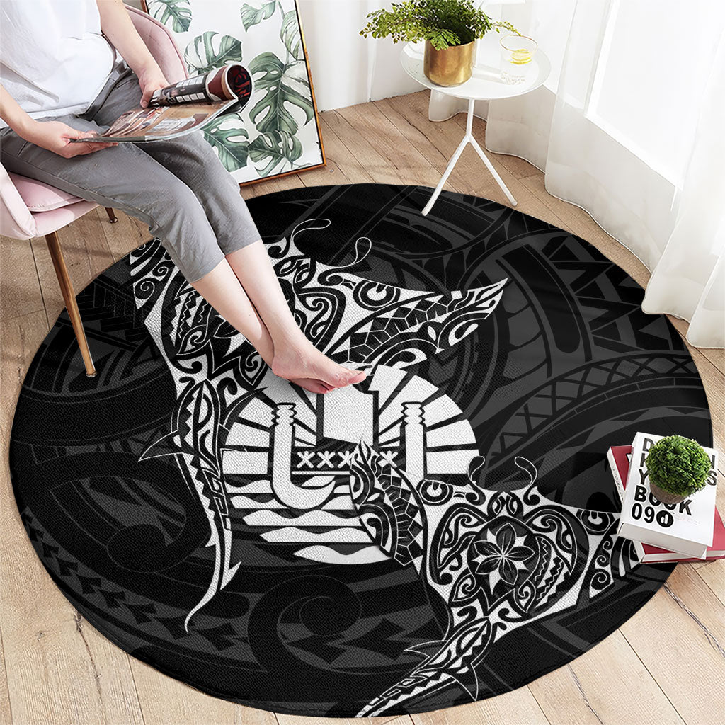 French Polynesia Manta Ray Tattoo Round Carpet Tahiti Hahalua Turtle Shark Black Color