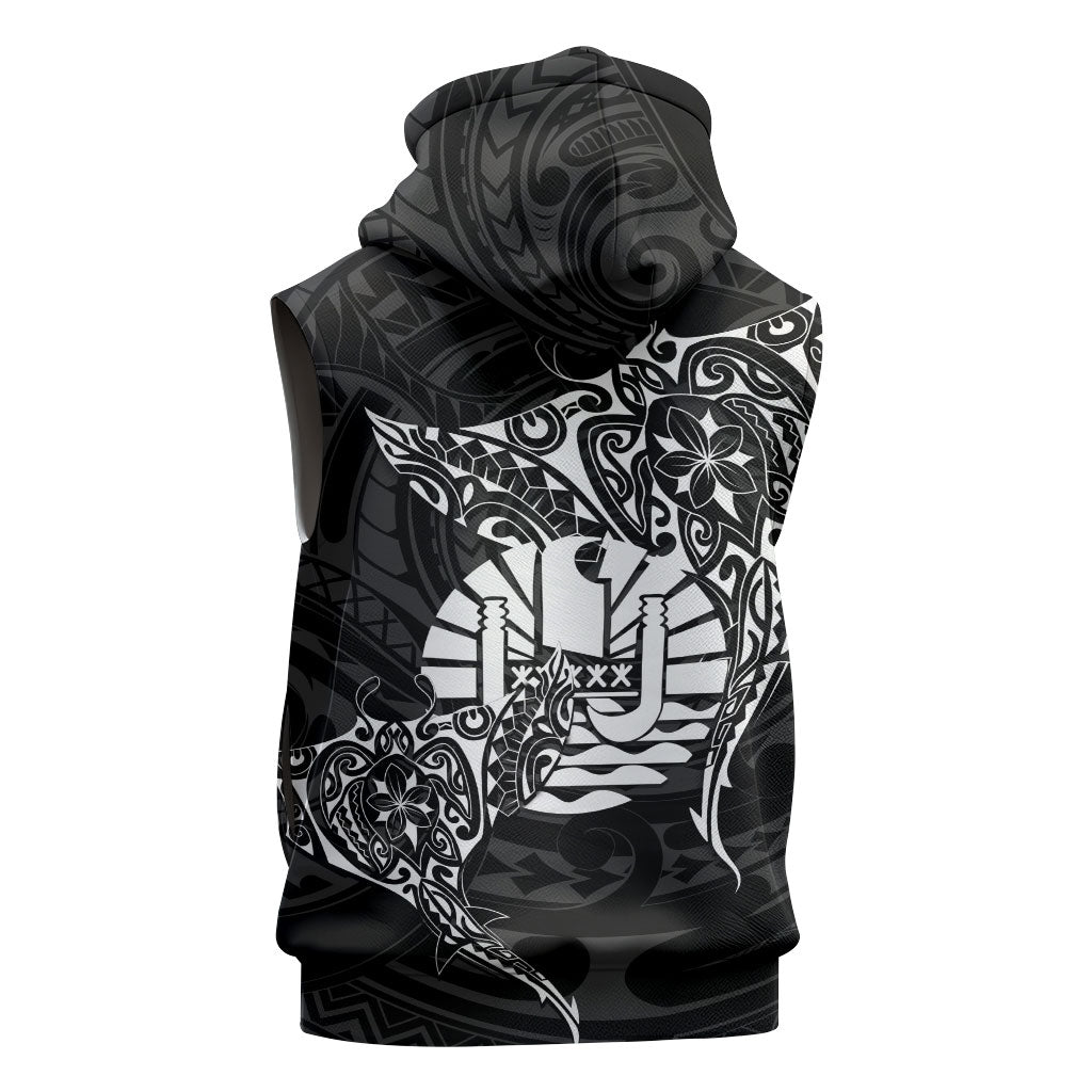 French Polynesia Manta Ray Tattoo Sleeveless Zip Hoodie Tahiti Hahalua Turtle Shark Black Color LT14 - Polynesian Pride