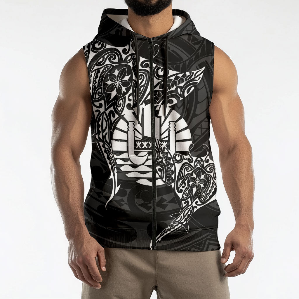 French Polynesia Manta Ray Tattoo Sleeveless Zip Hoodie Tahiti Hahalua Turtle Shark Black Color LT14 - Polynesian Pride
