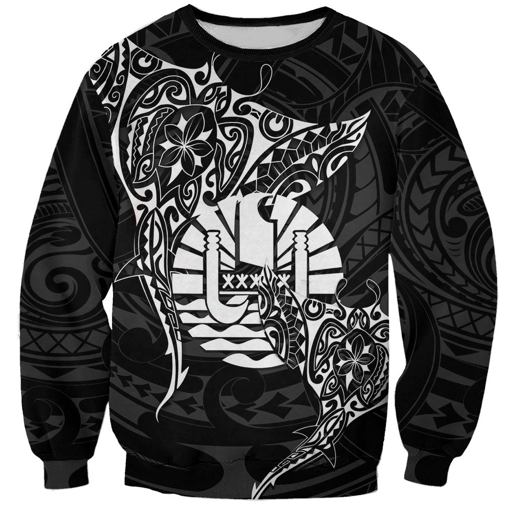 French Polynesia Manta Ray Tattoo Sweatshirt Tahiti Hahalua Turtle Shark Black Color