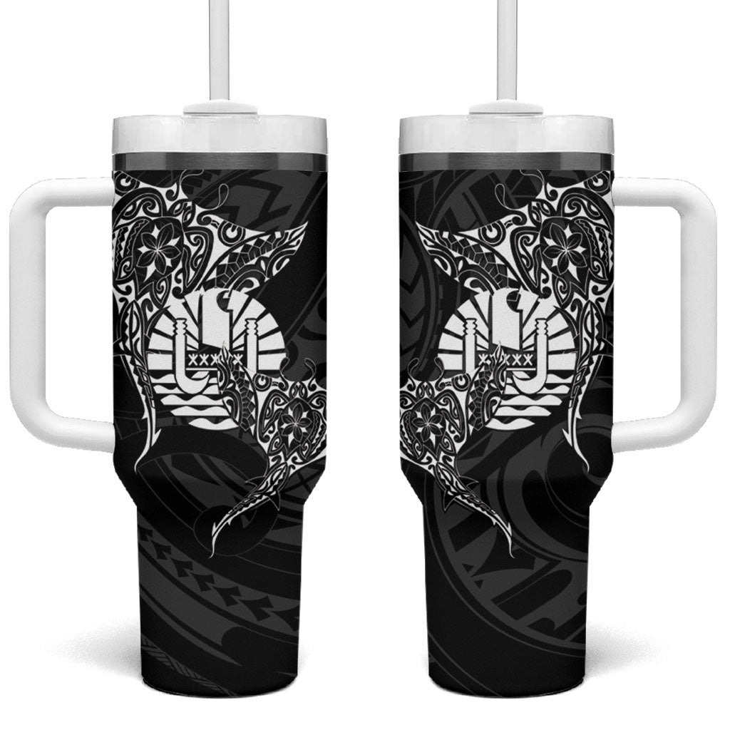 French Polynesia Manta Ray Tattoo Tumbler With Handle Tahiti Hahalua Turtle Shark Black Color