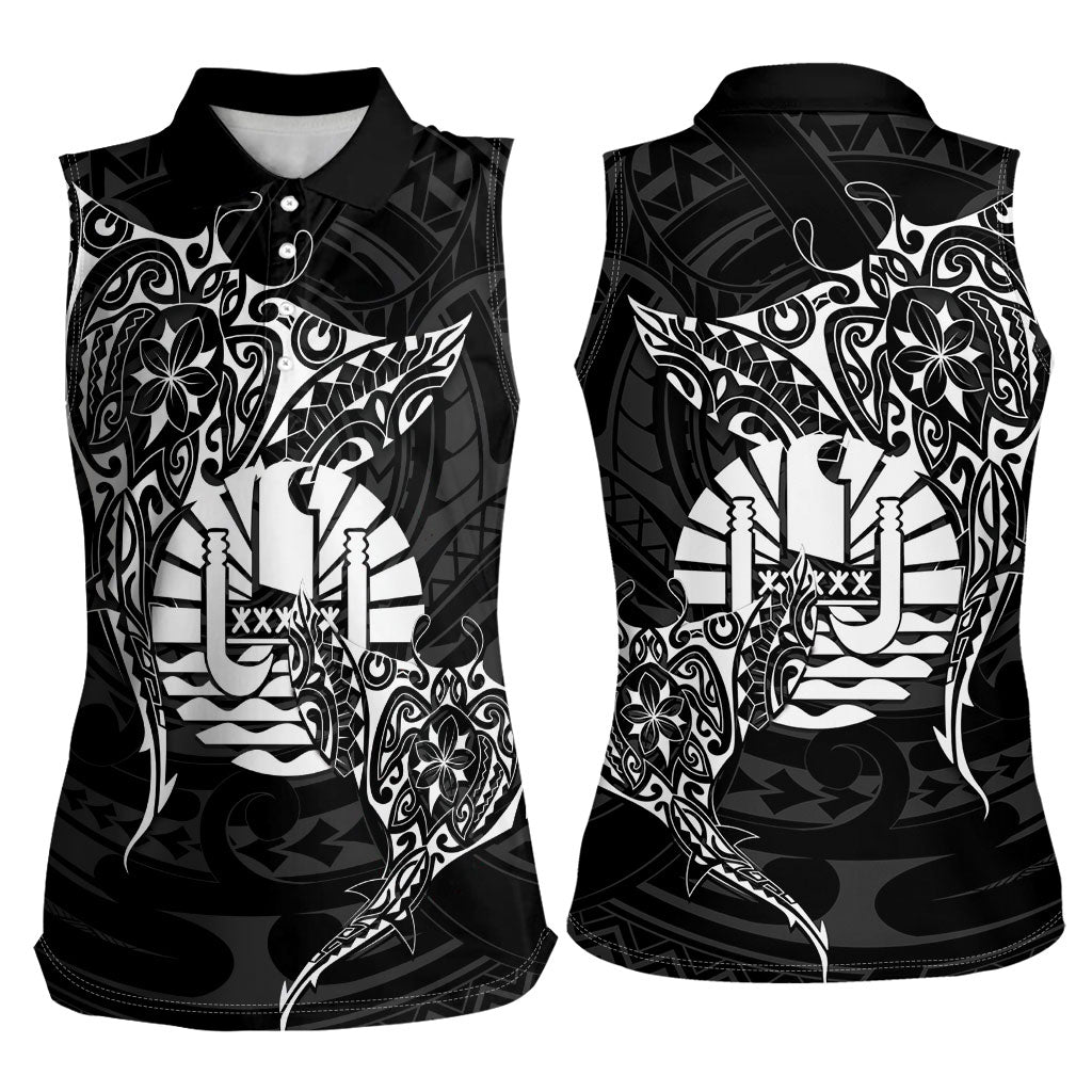 French Polynesia Manta Ray Tattoo Women Sleeveless Polo Shirt Tahiti Hahalua Turtle Shark Black Color