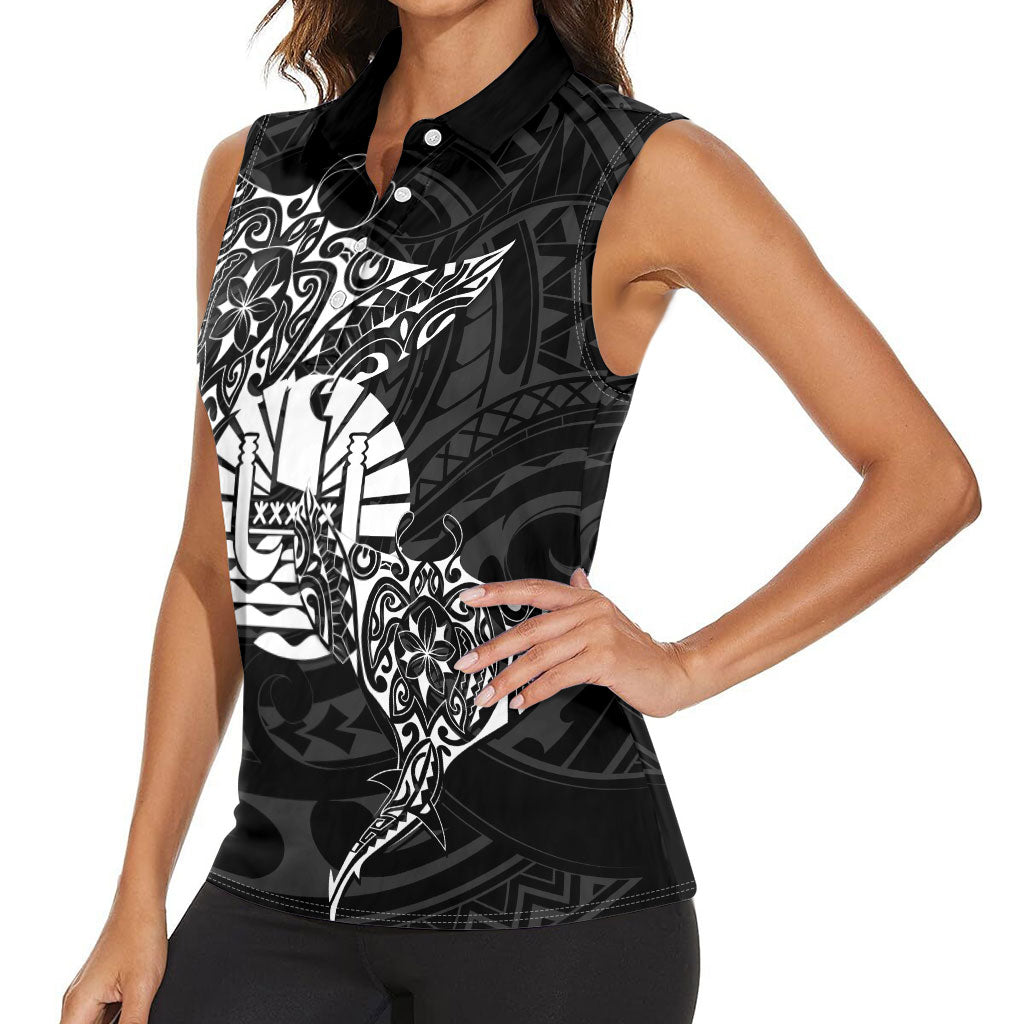 French Polynesia Manta Ray Tattoo Women Sleeveless Polo Shirt Tahiti Hahalua Turtle Shark Black Color