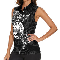 French Polynesia Manta Ray Tattoo Women Sleeveless Polo Shirt Tahiti Hahalua Turtle Shark Black Color