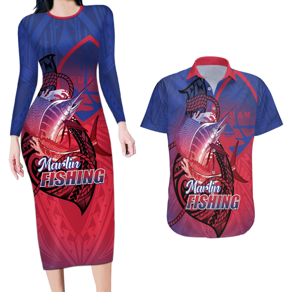 Guam Blue Marlin Fishing Couples Matching Long Sleeve Bodycon Dress and Hawaiian Shirt Guahan Fish Hook Tattoo