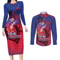 Guam Blue Marlin Fishing Couples Matching Long Sleeve Bodycon Dress and Long Sleeve Button Shirt Guahan Fish Hook Tattoo LT14 Blue - Polynesian Pride
