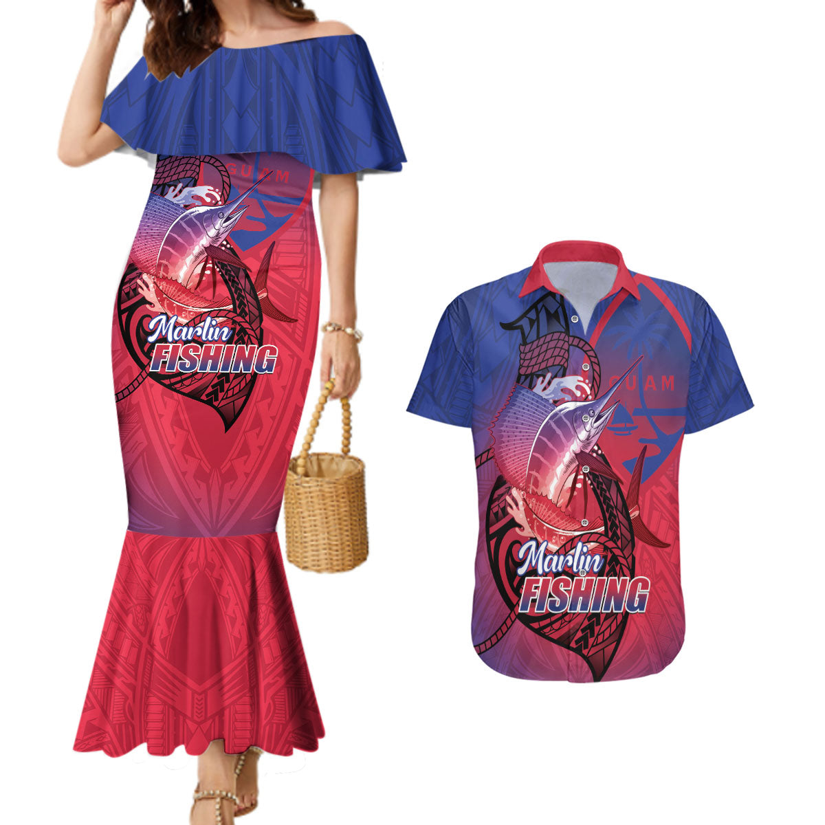 Guam Blue Marlin Fishing Couples Matching Mermaid Dress and Hawaiian Shirt Guahan Fish Hook Tattoo