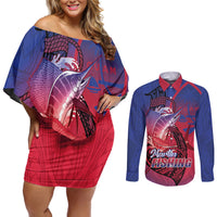 Guam Blue Marlin Fishing Couples Matching Off Shoulder Short Dress and Long Sleeve Button Shirt Guahan Fish Hook Tattoo LT14 Blue - Polynesian Pride