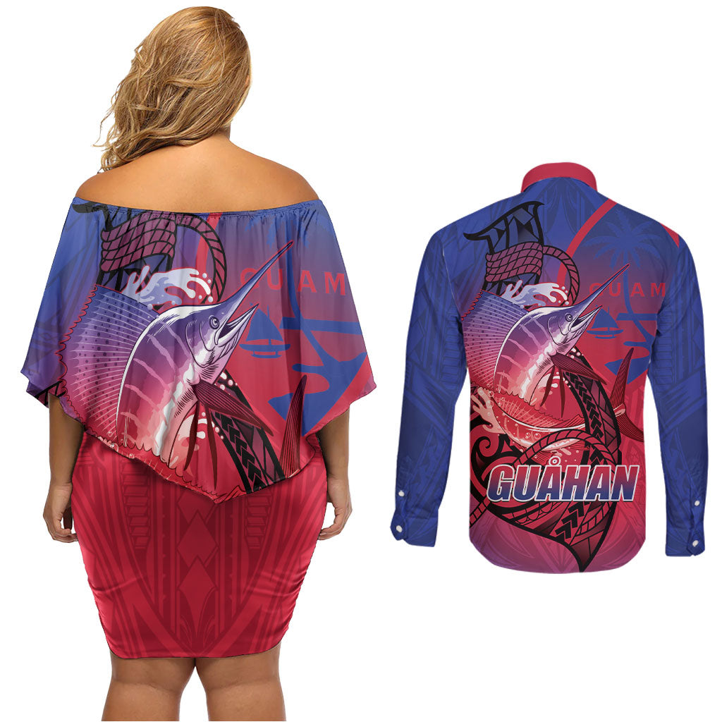 Guam Blue Marlin Fishing Couples Matching Off Shoulder Short Dress and Long Sleeve Button Shirt Guahan Fish Hook Tattoo LT14 - Polynesian Pride