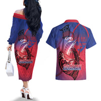 Guam Blue Marlin Fishing Couples Matching Off The Shoulder Long Sleeve Dress and Hawaiian Shirt Guahan Fish Hook Tattoo