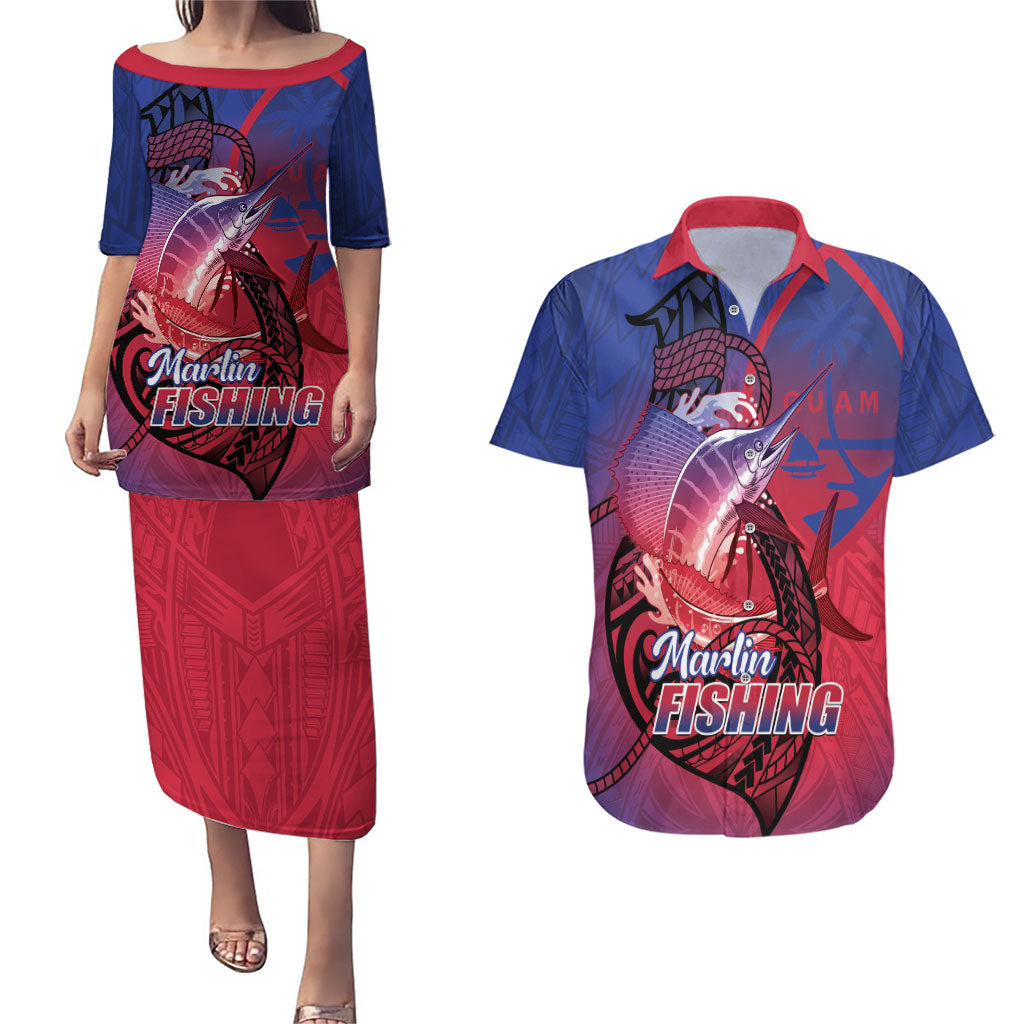 Guam Blue Marlin Fishing Couples Matching Puletasi and Hawaiian Shirt Guahan Fish Hook Tattoo LT14 Blue - Polynesian Pride