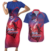 Guam Blue Marlin Fishing Couples Matching Short Sleeve Bodycon Dress and Hawaiian Shirt Guahan Fish Hook Tattoo
