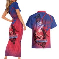 Guam Blue Marlin Fishing Couples Matching Short Sleeve Bodycon Dress and Hawaiian Shirt Guahan Fish Hook Tattoo