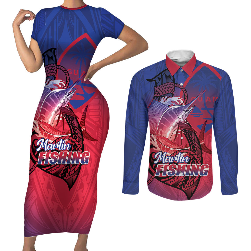 Guam Blue Marlin Fishing Couples Matching Short Sleeve Bodycon Dress and Long Sleeve Button Shirt Guahan Fish Hook Tattoo