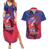 Guam Blue Marlin Fishing Couples Matching Summer Maxi Dress and Hawaiian Shirt Guahan Fish Hook Tattoo LT14 Blue - Polynesian Pride