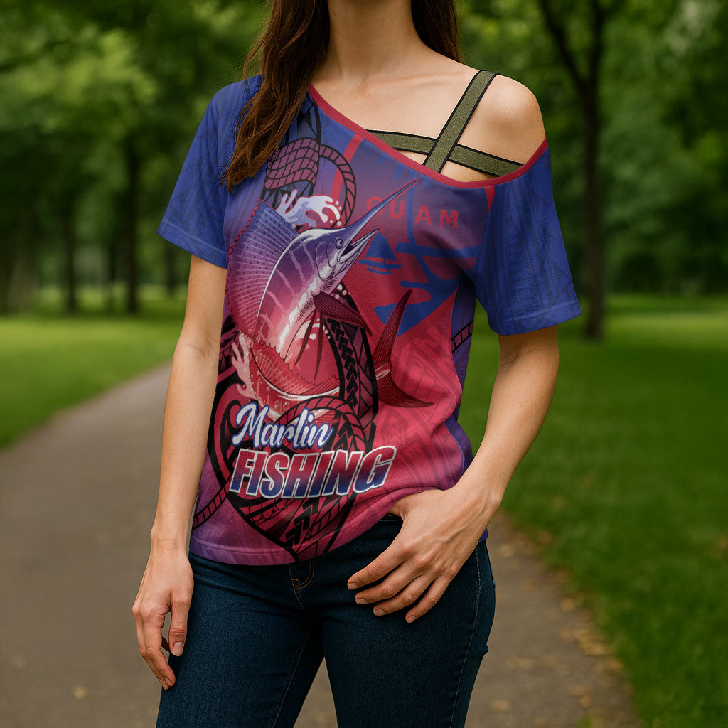 Guam Blue Marlin Fishing Cross Shoulder Shirt Guahan Fish Hook Tattoo