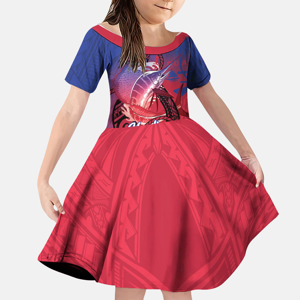 Guam Blue Marlin Fishing Family Matching Off Shoulder Maxi Dress and Hawaiian Shirt Guahan Fish Hook Tattoo LT14 Daughter's Dress Blue - Polynesian Pride