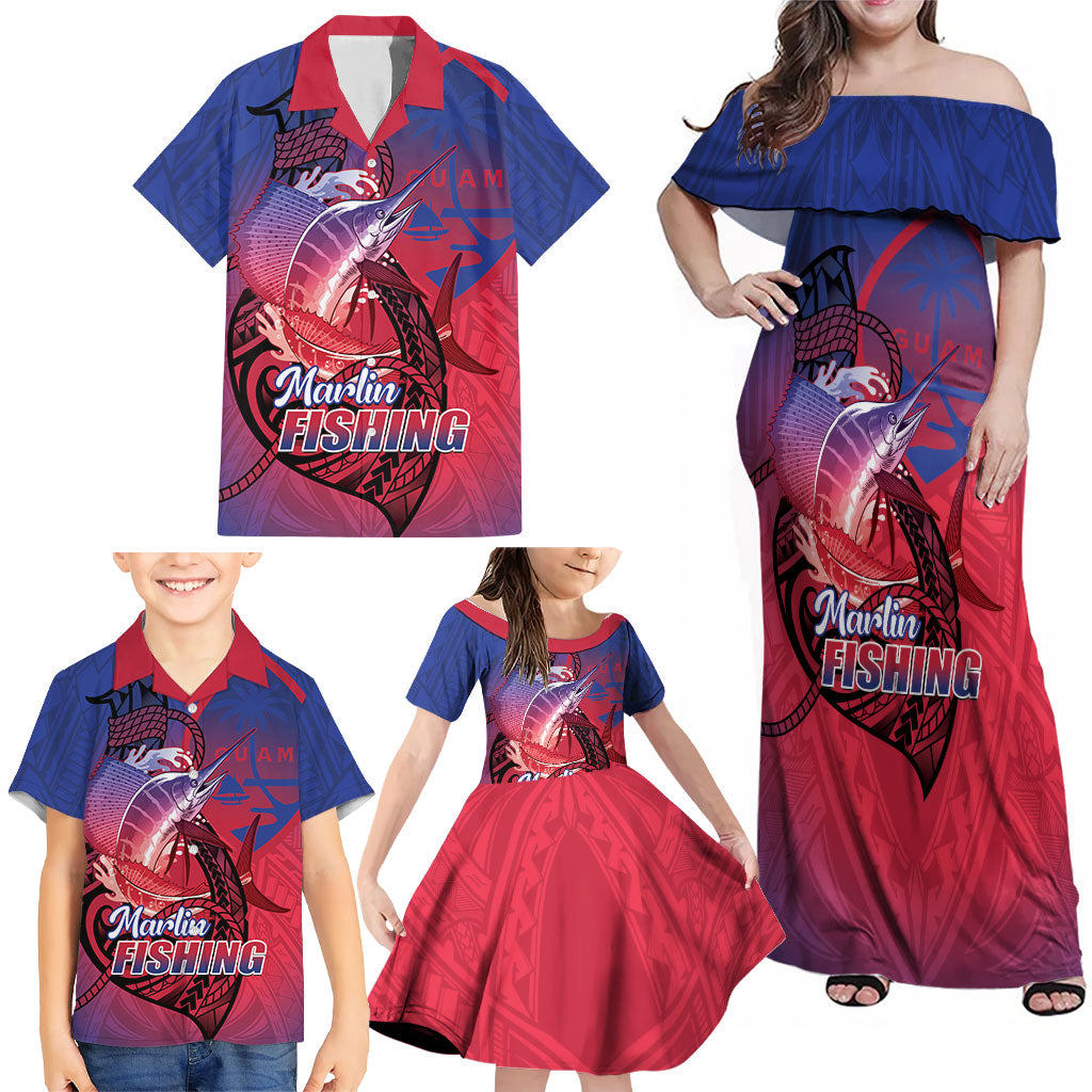 Guam Blue Marlin Fishing Family Matching Off Shoulder Maxi Dress and Hawaiian Shirt Guahan Fish Hook Tattoo LT14 - Polynesian Pride