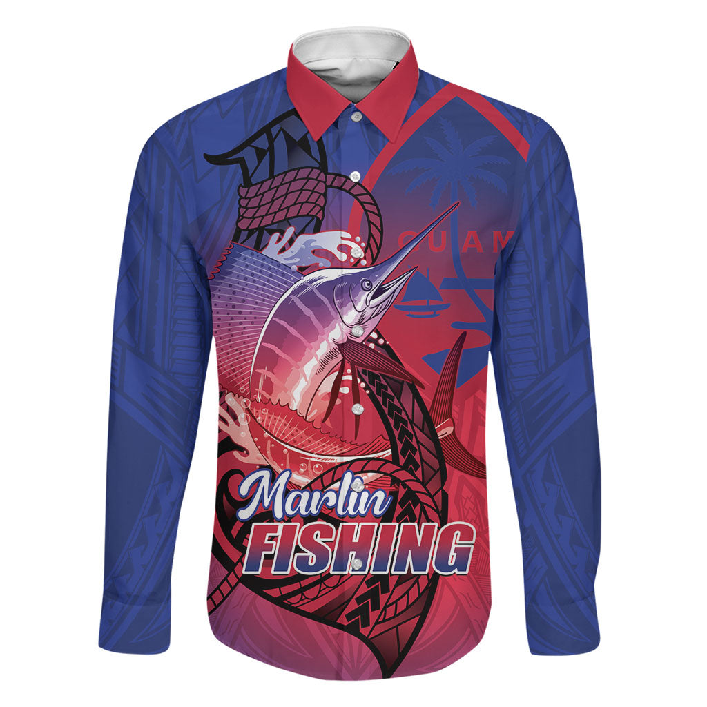 Guam Blue Marlin Fishing Family Matching Off Shoulder Maxi Dress and Hawaiian Shirt Guahan Fish Hook Tattoo LT14 Dad's Shirt - Long Sleeve Blue - Polynesian Pride