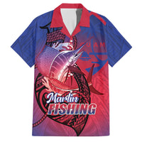 Guam Blue Marlin Fishing Family Matching Tank Maxi Dress and Hawaiian Shirt Guahan Fish Hook Tattoo LT14 Dad's Shirt - Short Sleeve Blue - Polynesian Pride