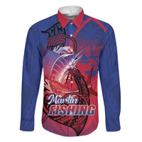 Guam Blue Marlin Fishing Family Matching Tank Maxi Dress and Hawaiian Shirt Guahan Fish Hook Tattoo LT14 Dad's Shirt - Long Sleeve Blue - Polynesian Pride