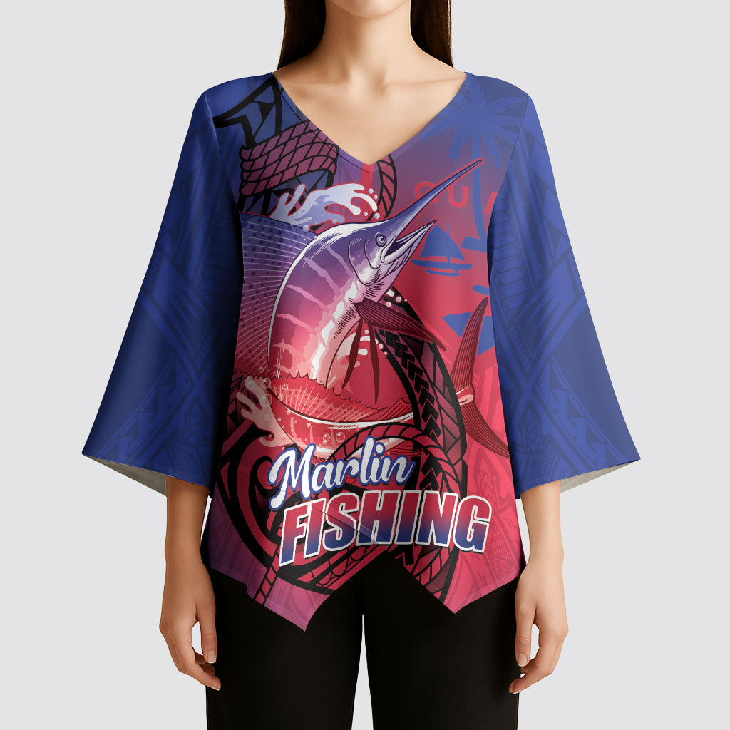 Guam Blue Marlin Fishing Kimono Sleeve Blouse Guahan Fish Hook Tattoo