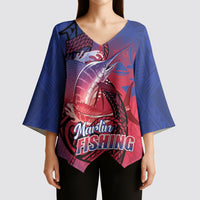 Guam Blue Marlin Fishing Kimono Sleeve Blouse Guahan Fish Hook Tattoo