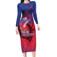 Guam Blue Marlin Fishing Long Sleeve Bodycon Dress Guahan Fish Hook Tattoo LT14 Long Dress Blue - Polynesian Pride