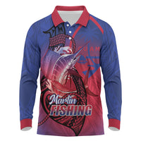 Guam Blue Marlin Fishing Long Sleeve Polo Shirt Guahan Fish Hook Tattoo