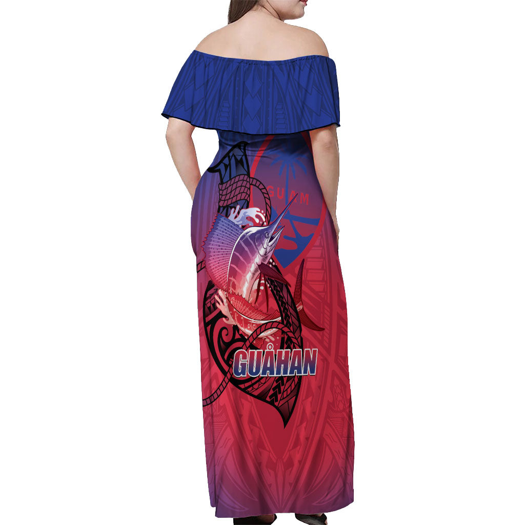 Guam Blue Marlin Fishing Off Shoulder Maxi Dress Guahan Fish Hook Tattoo