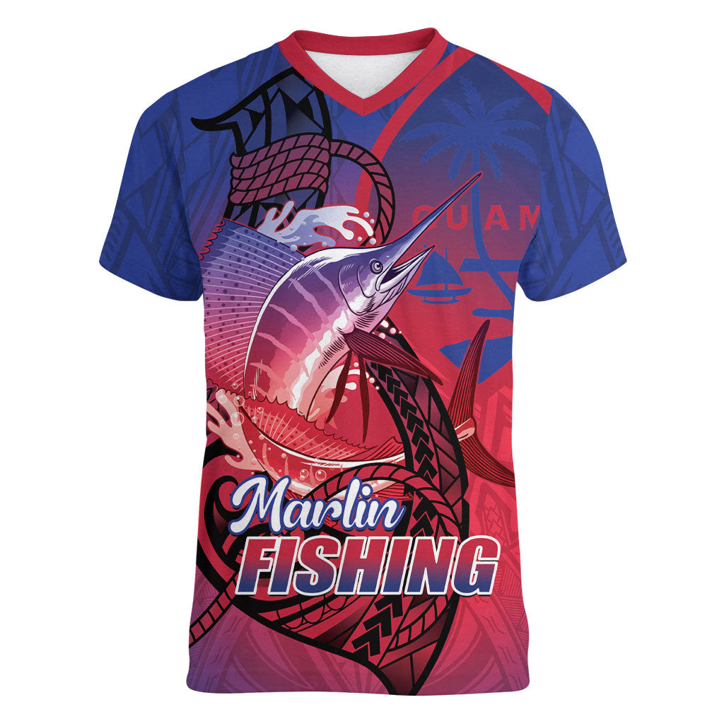 Guam Blue Marlin Fishing Women V-Neck T-Shirt Guahan Fish Hook Tattoo LT14 Female Blue - Polynesian Pride
