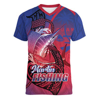Guam Blue Marlin Fishing Women V-Neck T-Shirt Guahan Fish Hook Tattoo LT14 Female Blue - Polynesian Pride