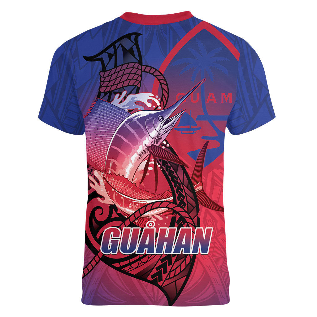 Guam Blue Marlin Fishing Women V-Neck T-Shirt Guahan Fish Hook Tattoo LT14 - Polynesian Pride