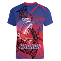 Guam Blue Marlin Fishing Women V-Neck T-Shirt Guahan Fish Hook Tattoo LT14 - Polynesian Pride