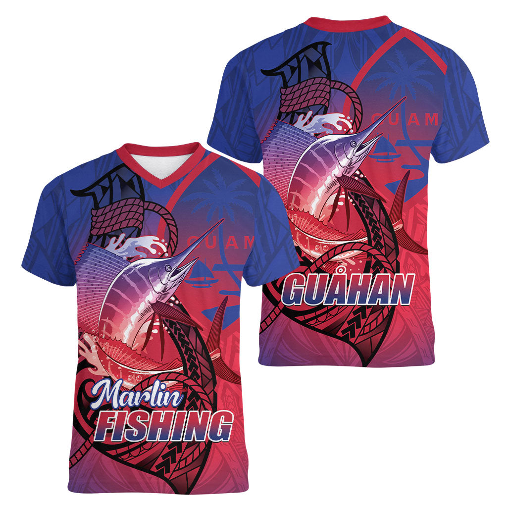Guam Blue Marlin Fishing Women V-Neck T-Shirt Guahan Fish Hook Tattoo LT14 - Polynesian Pride
