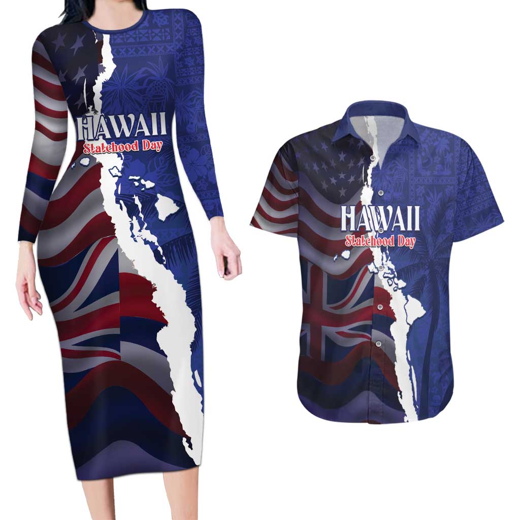 Personalized Hawaii Statehood Day Couples Matching Long Sleeve Bodycon Dress and Hawaiian Shirt 66th Anniversary - Polynesian Pride