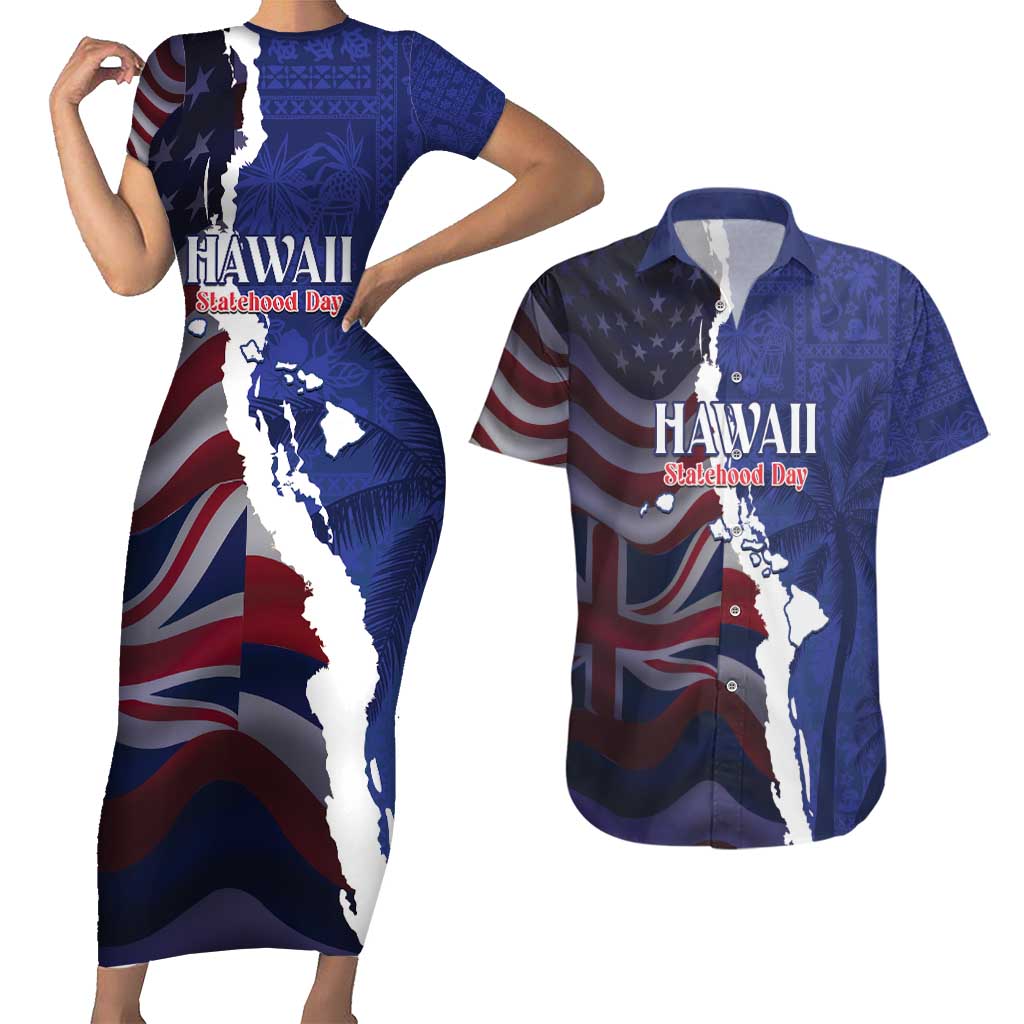 Personalized Hawaii Statehood Day Couples Matching Short Sleeve Bodycon Dress and Hawaiian Shirt 66th Anniversary - Polynesian Pride