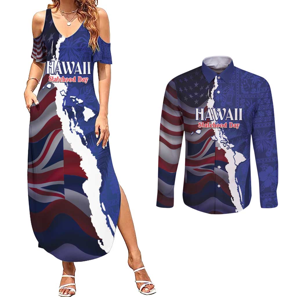 Personalized Hawaii Statehood Day Couples Matching Summer Maxi Dress and Long Sleeve Button Shirt 66th Anniversary - Polynesian Pride