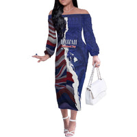 Personalized Hawaii Statehood Day Family Matching Off The Shoulder Long Sleeve Dress and Hawaiian Shirt 66th Anniversary - Polynesian Pride