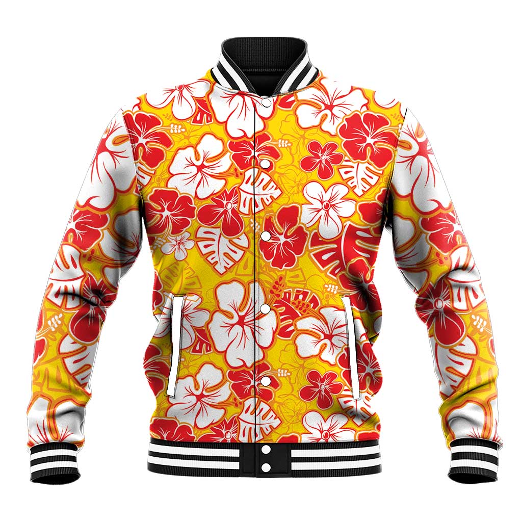 Yellow Hawaii Hibiscus Baseball Jacket Tropical Flowers Seamless Pattern - Polynesian Pride