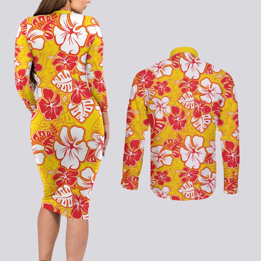 Yellow Hawaii Hibiscus Couples Matching Long Sleeve Bodycon Dress and Long Sleeve Button Shirt Tropical Flowers Seamless Pattern - Polynesian Pride