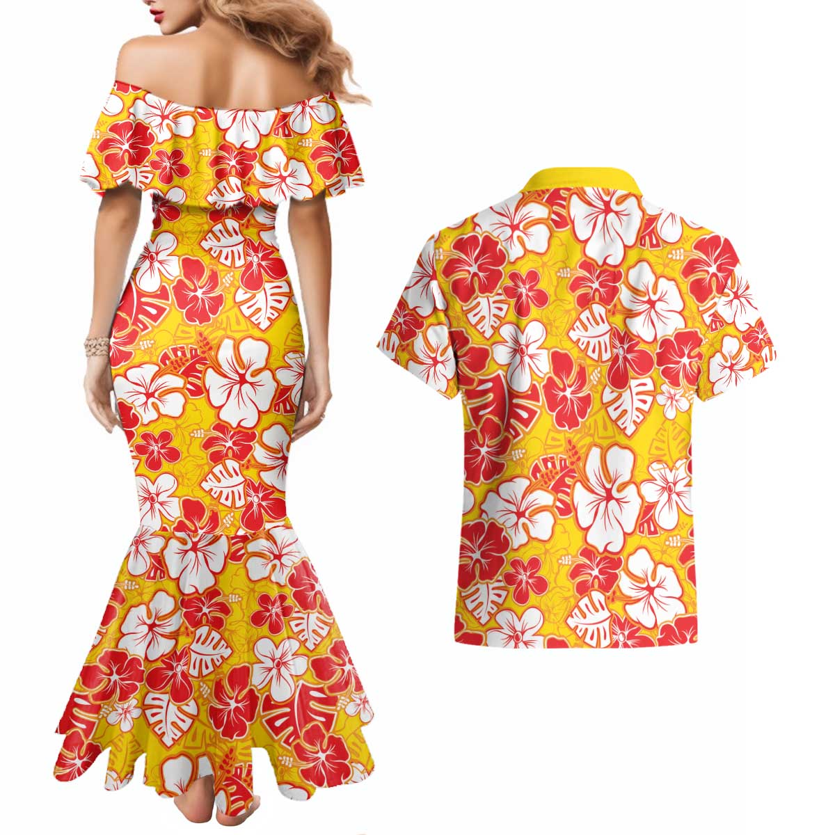 Yellow Hawaii Hibiscus Couples Matching Mermaid Dress and Hawaiian Shirt Tropical Flowers Seamless Pattern - Polynesian Pride