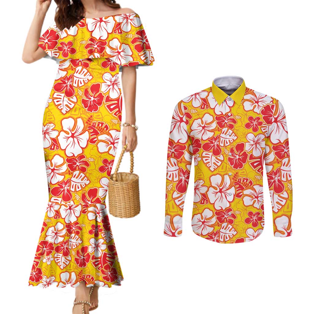 Yellow Hawaii Hibiscus Couples Matching Mermaid Dress and Long Sleeve Button Shirt Tropical Flowers Seamless Pattern - Polynesian Pride