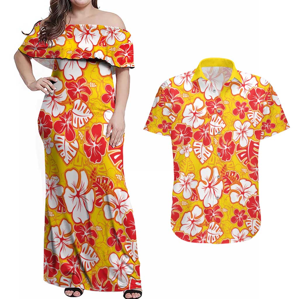 Yellow Hawaii Hibiscus Couples Matching Off Shoulder Maxi Dress and Hawaiian Shirt Tropical Flowers Seamless Pattern - Polynesian Pride