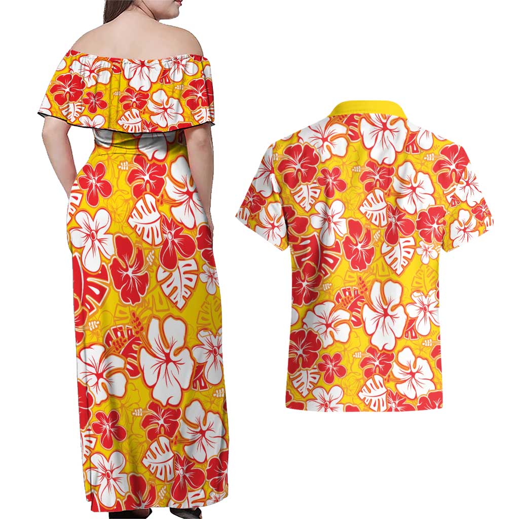 Yellow Hawaii Hibiscus Couples Matching Off Shoulder Maxi Dress and Hawaiian Shirt Tropical Flowers Seamless Pattern - Polynesian Pride